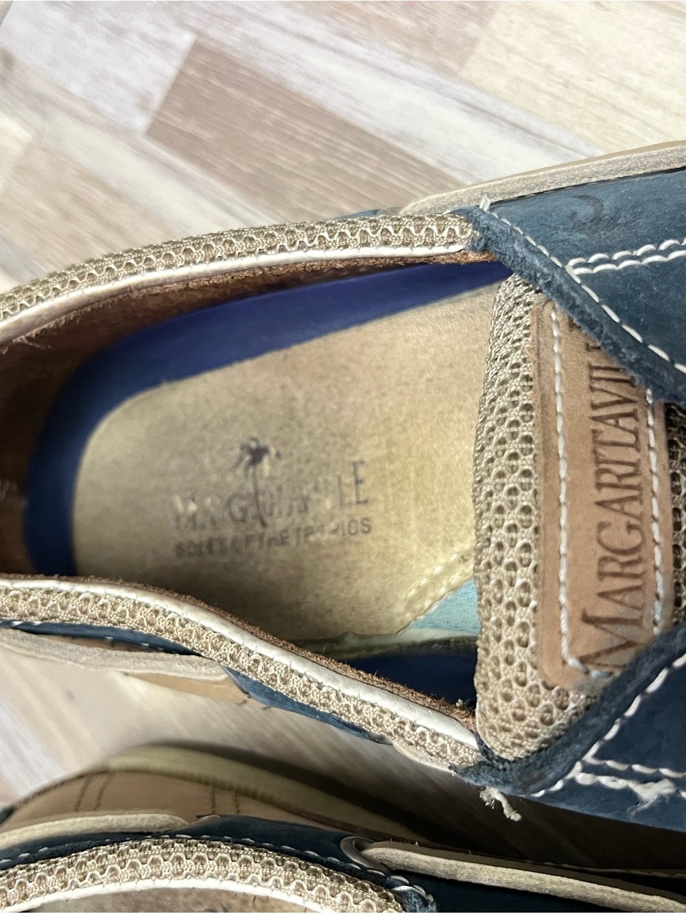 Margaritaville Men's Tan and Navy Leather Boat Shoes - Picture 6 of 8